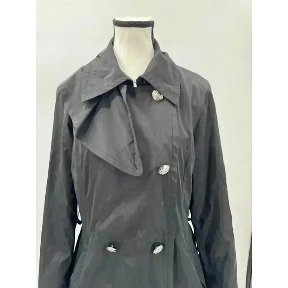Betsey Johnson Women's Black Button-Up Trench Coat with Lace Trim Detail Medium - Picture 3 of 6